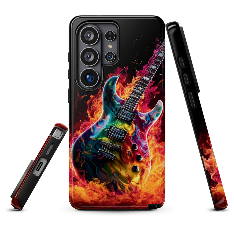 Blazing Riffs protective Samsung Tough Case on a small speaker setup, featuring the fiery electric guitar artwork, image 15.