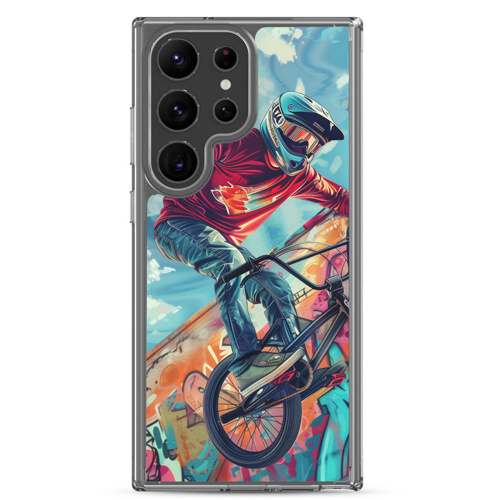 Graffiti Ride Clear case for Galaxy S23 Ultra, red-top BMX rider and vivid graffiti, rear view on white