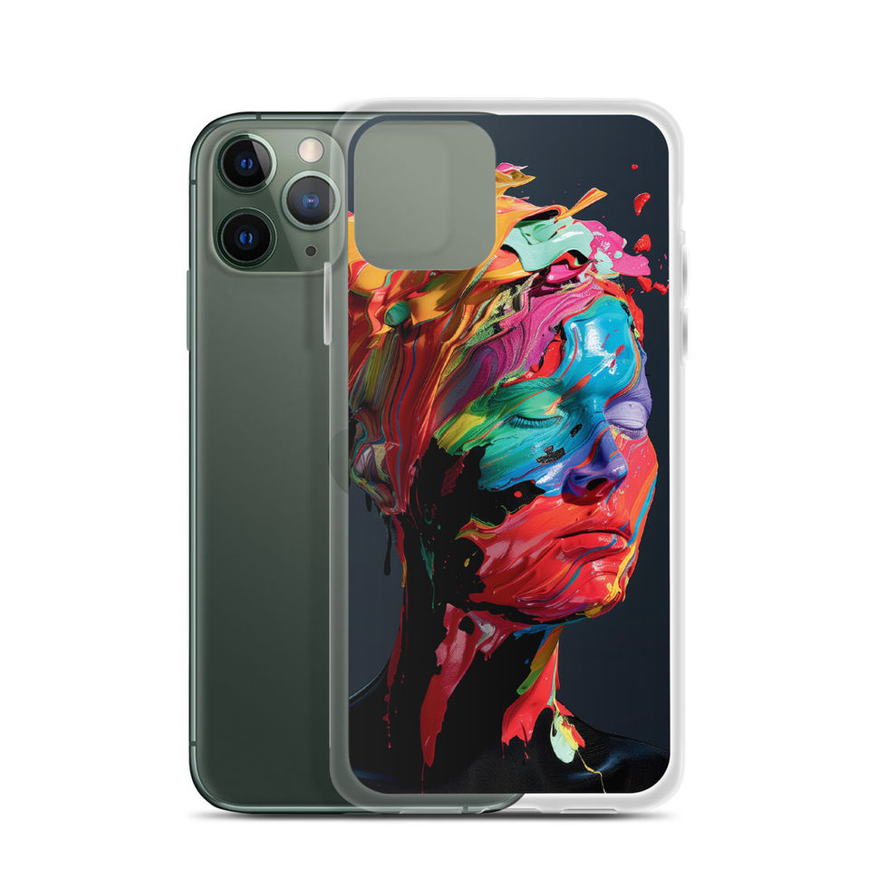 Melting Visions clear iPhone case with surreal colourful portrait artwork, camera cutout close-up, image 5