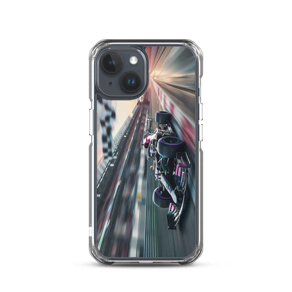 Midnight Velocity Clear case for iPhone 15, race car and night lights, phone and case on white