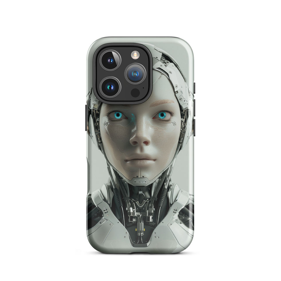 Pale-metal female android with graphite neck mechanics; angled case mockup on an iPhone® Tough Case.