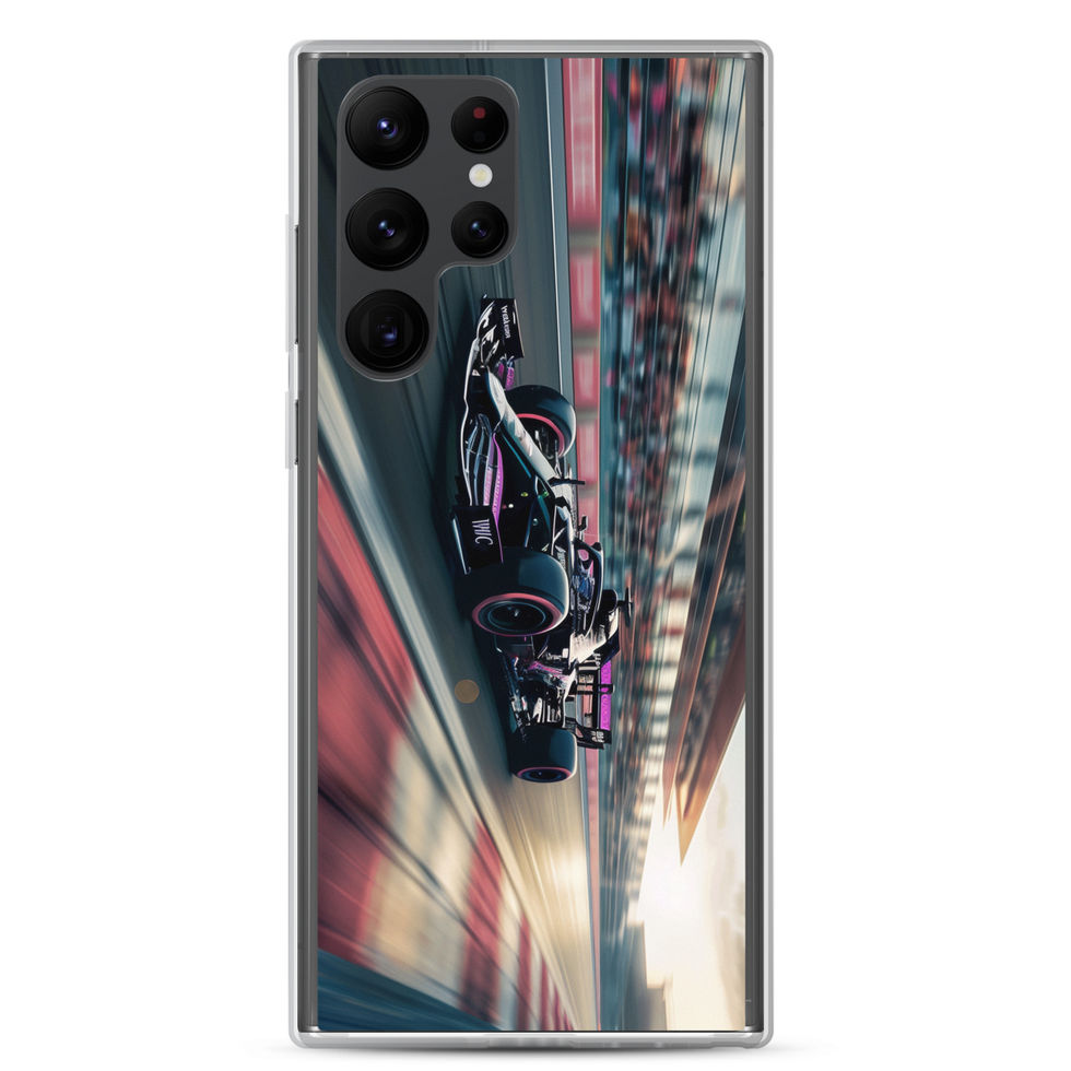 Black n Purple Power Clear case for Galaxy S22 Ultra, black and purple race car artwork, rear view on white