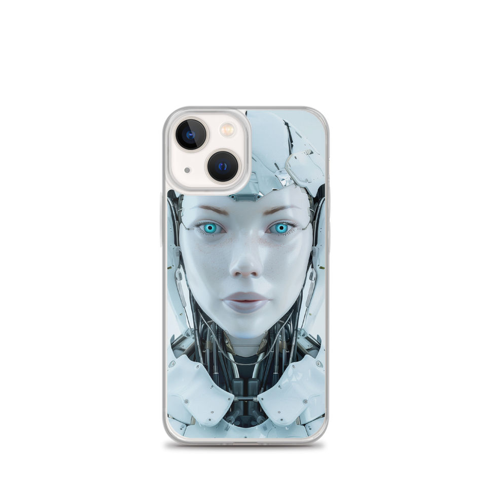 Front-facing AI woman with dark neck machinery on an iPhone clear case – front product view