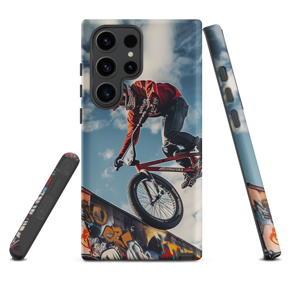 Graffiti Air Tough case for Galaxy S23 Ultra, BMX rider above graffiti ramp, rear and side views on white