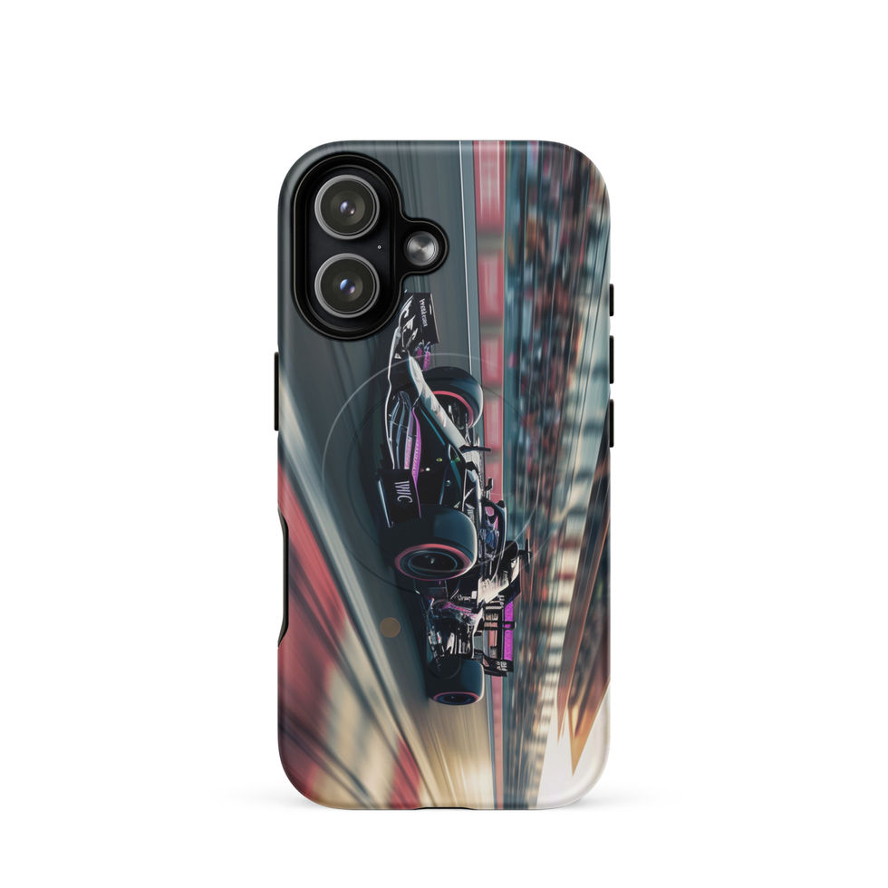Black n Purple Power MagSafe Tough case for iPhone 17, black and purple race car artwork, rear view on white