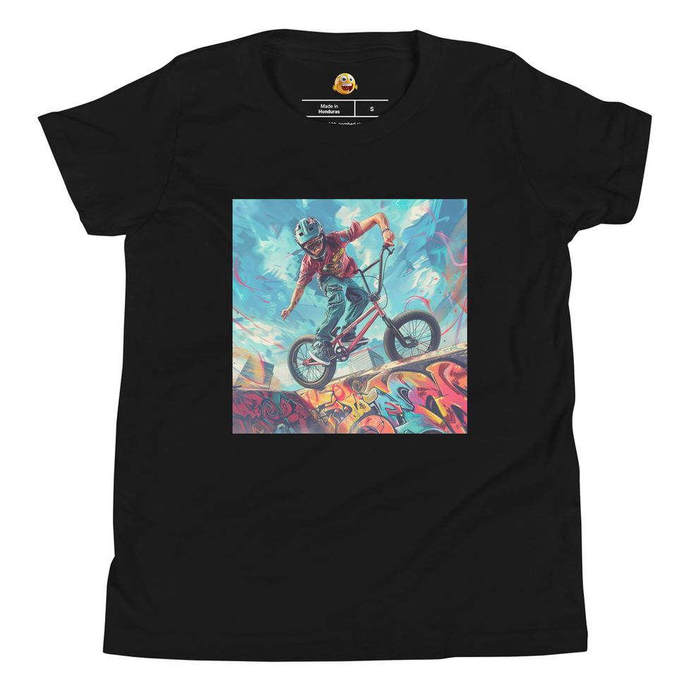 Urban BMX Rider: black youth short-sleeve T-shirt with a BMX stunt on pink and turquoise graffiti