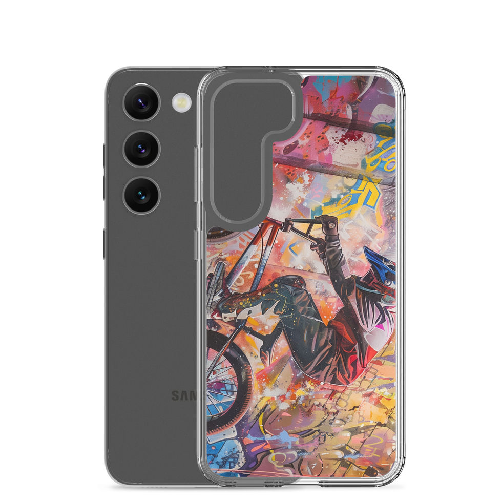 Graffiti Grind Clear case for Galaxy S23, BMX rider amid pink and yellow graffiti, phone beside case on white