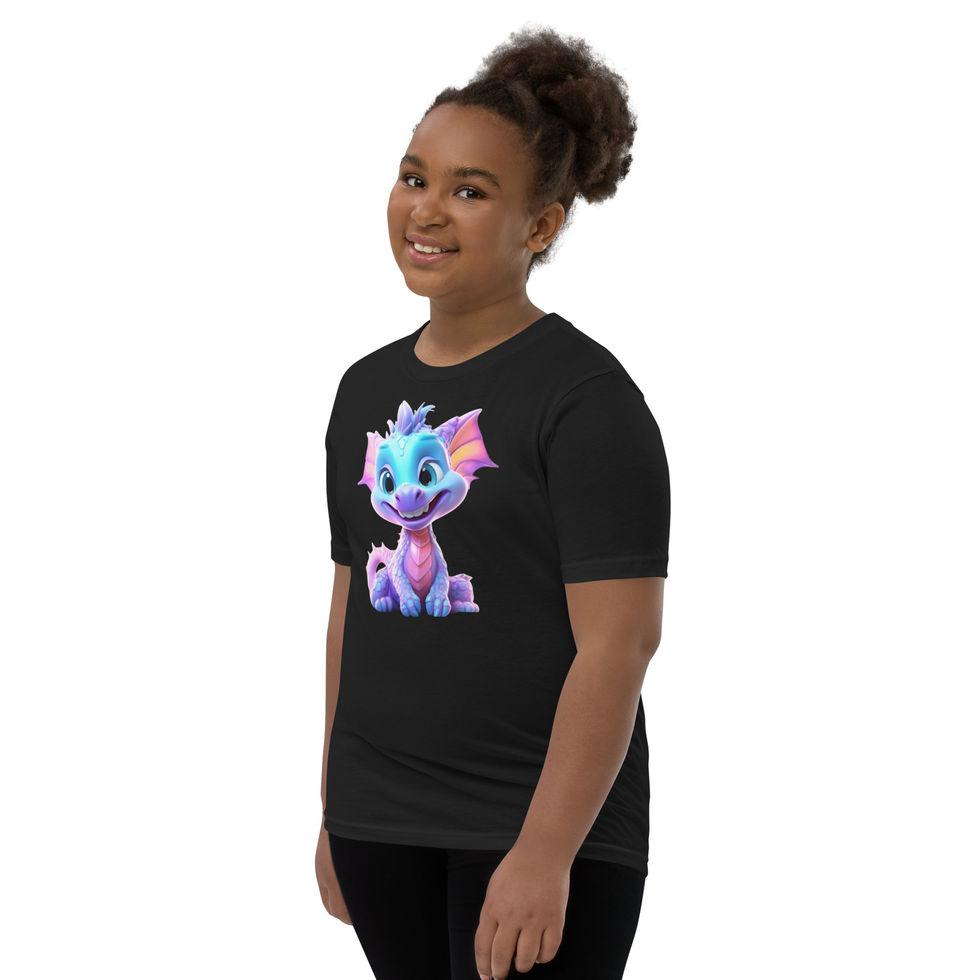 Smiling Dragon: black youth short-sleeve T-shirt with a cute blue and purple baby dragon, child turned left