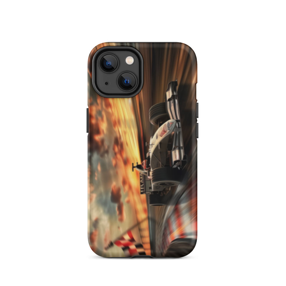 Sunset Speed Tough case for iPhone 14, dark race car on golden sunset track, rear view on white background