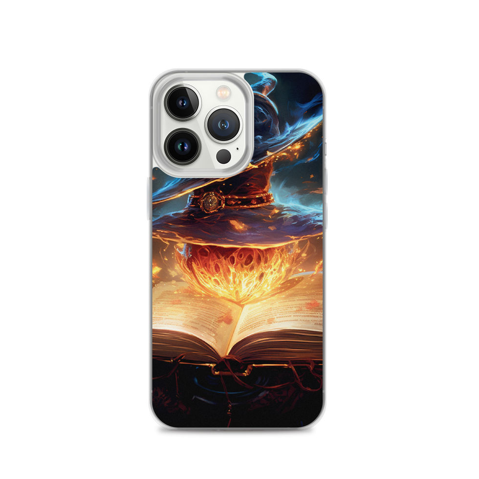 Arcane Ember clear iPhone case: orange magic sweeping across open pages; rear artwork.