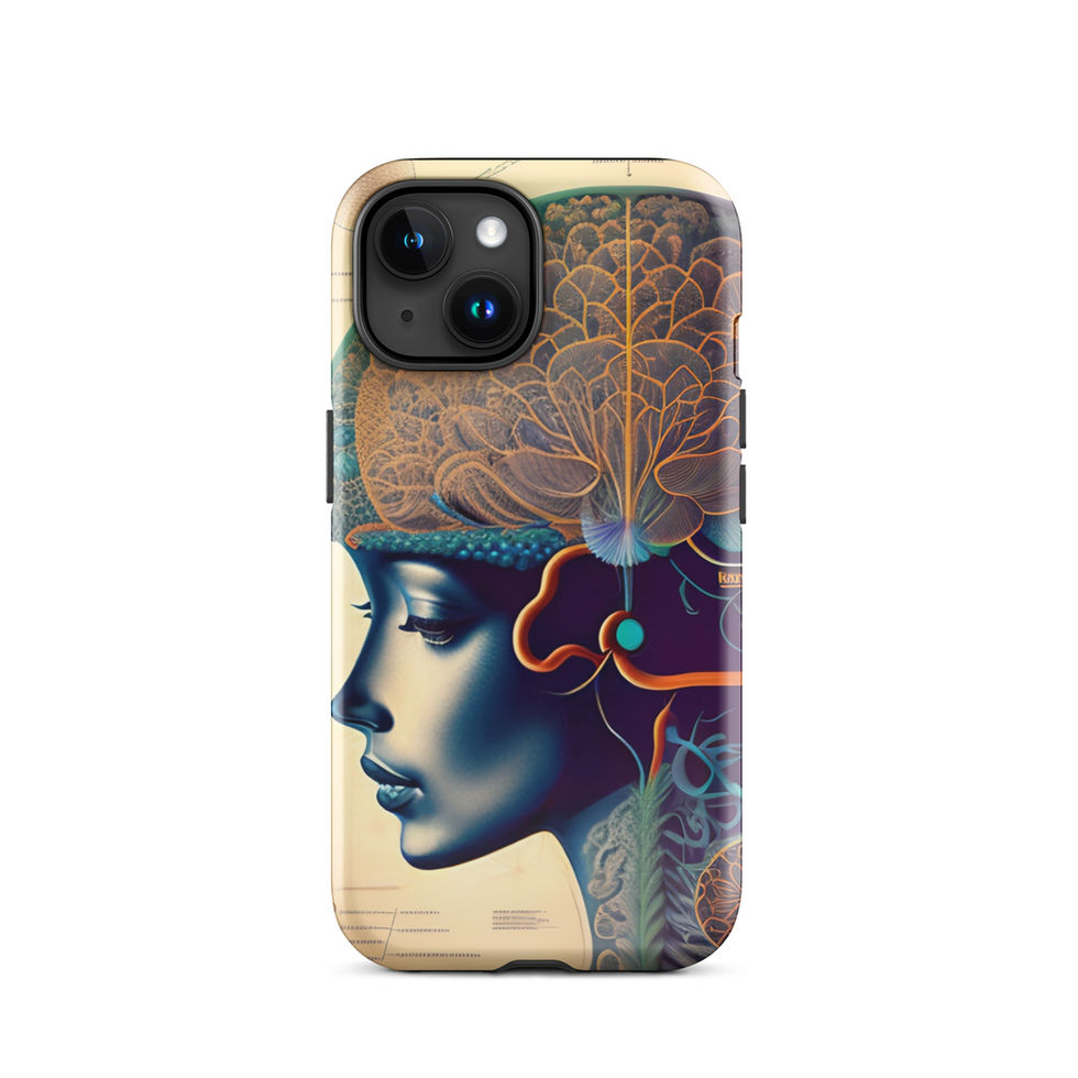 Flower Brain iPhone Tough Case featuring a stylised anatomical profile filled with golden flowers in rich indigo, teal