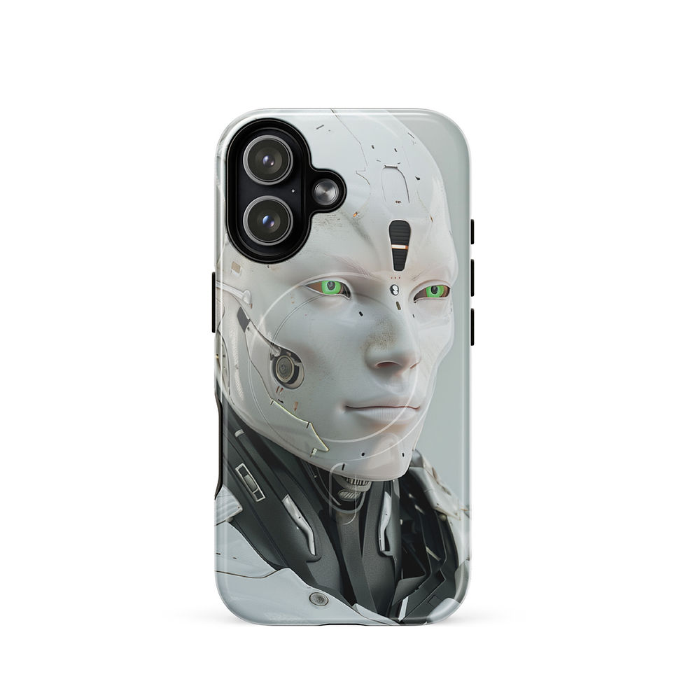 Neo-Genesis MagSafe iPhone case with white cybernetic android and vivid green eyes