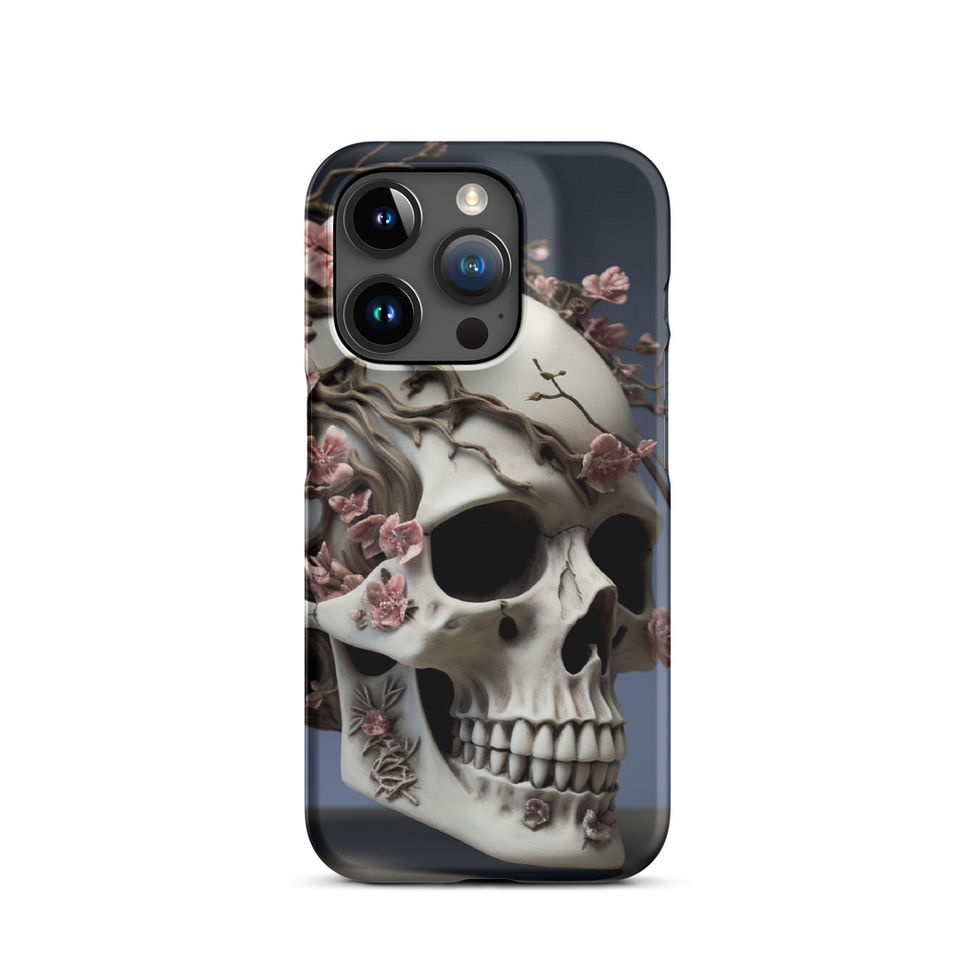 Product view of the Ethereal Bloom case with an ivory skull and dusty-pink blossoms
