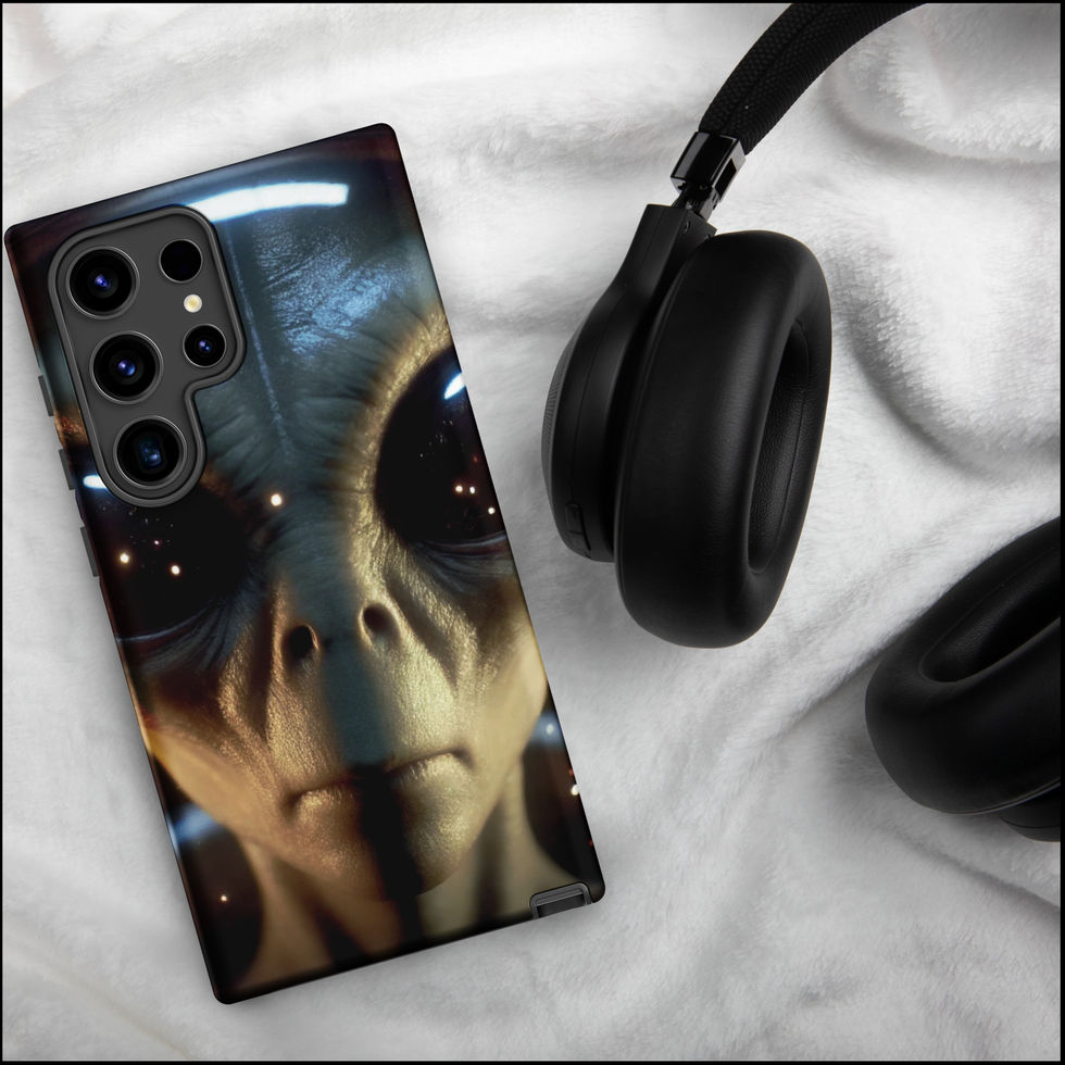 Sci-fi Samsung phone case set beside a black headphone earcup