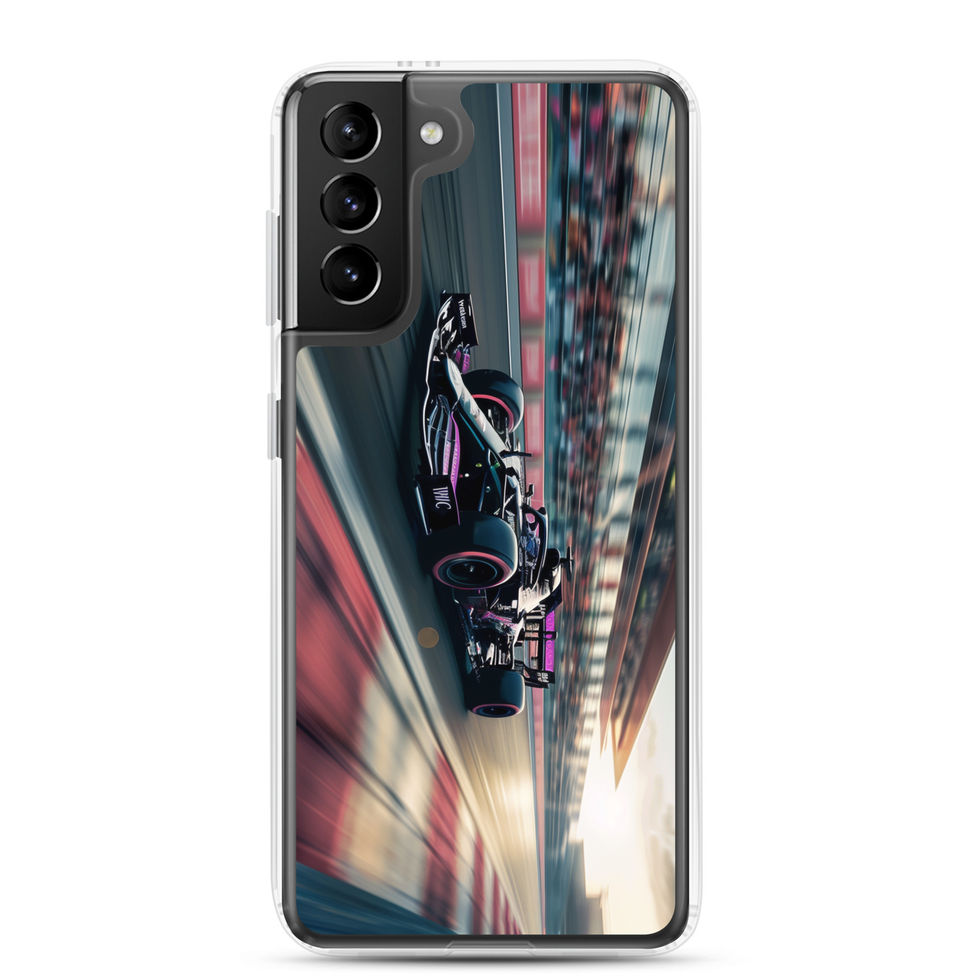 Black n Purple Power Clear case for Galaxy S21 Plus, black and purple race car artwork, rear view on white