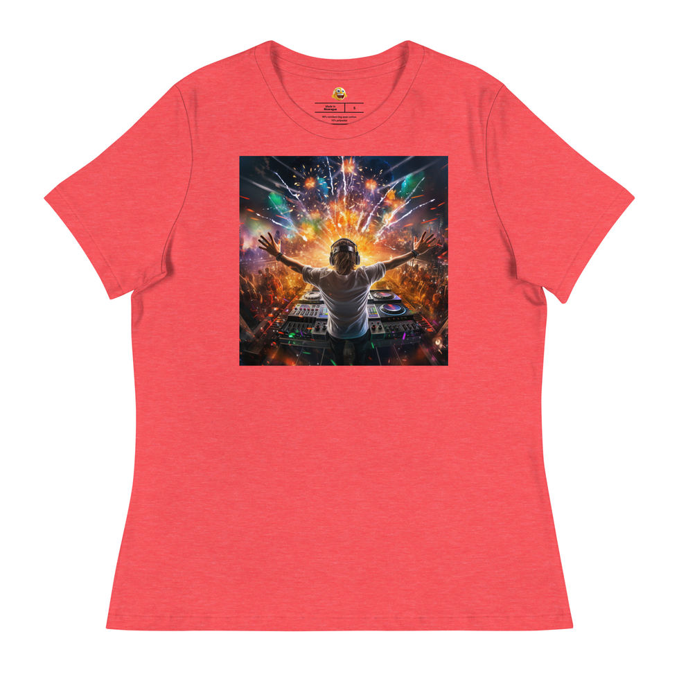 Vivid DJ: coral pink women's relaxed T-shirt with DJ beneath colourful fireworks