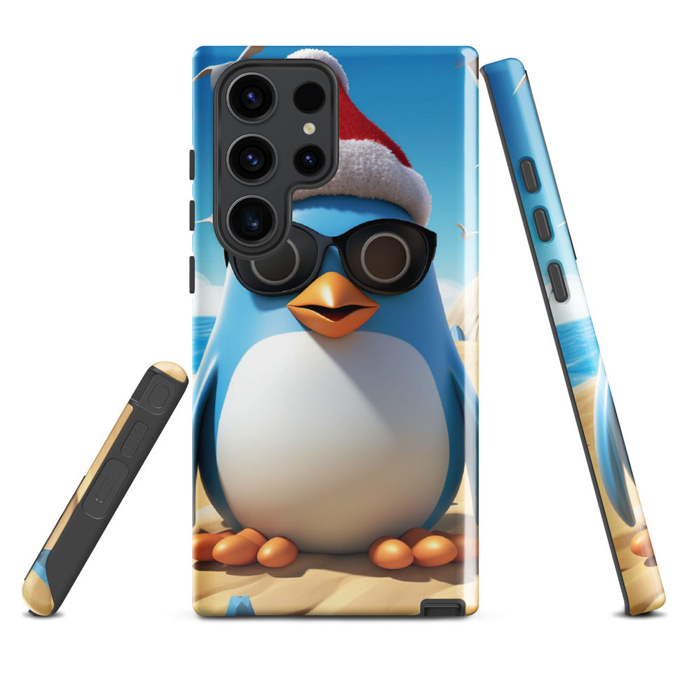Beach penguin-mockup-14 showing Sandy Chill artwork on a Samsung tough phone case