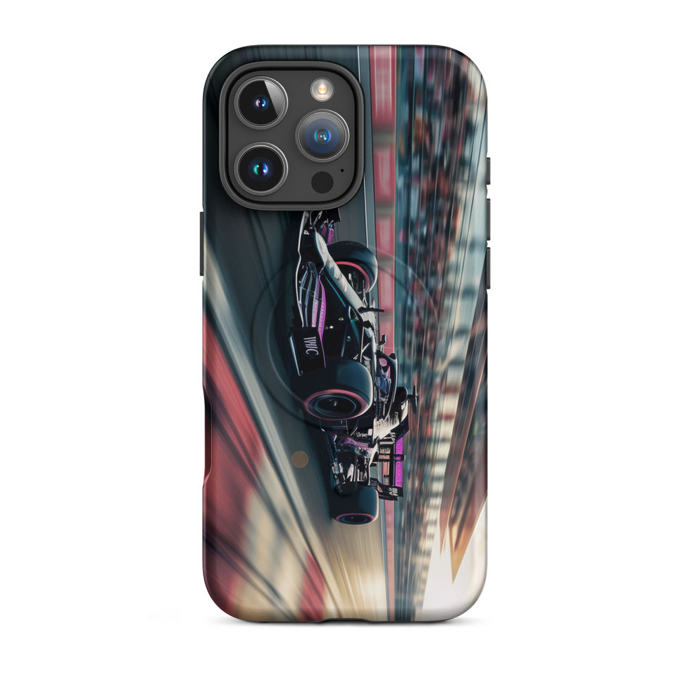 Black n Purple Power MagSafe Tough case for iPhone 16 Pro Max, black and purple race car artwork, rear view on white