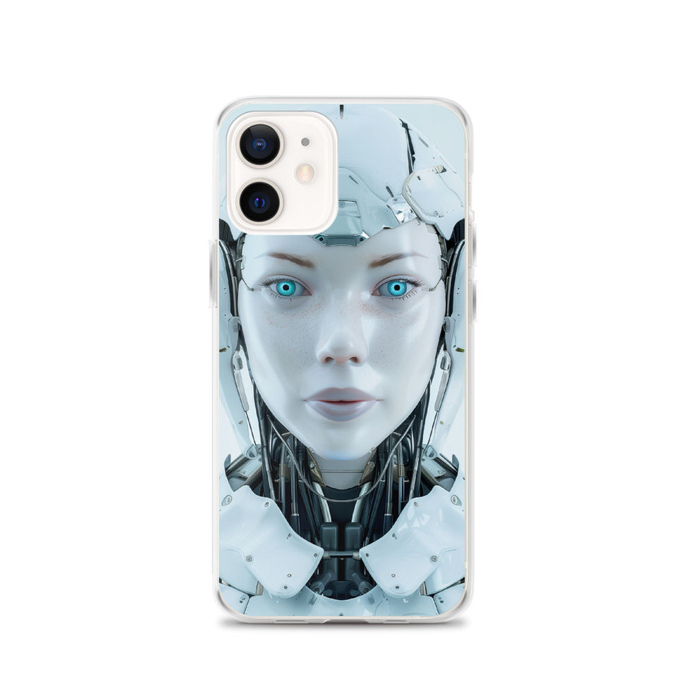 Silver cybernetic face with fine black panel seams on a clear phone cover – transparent-edge phone preview