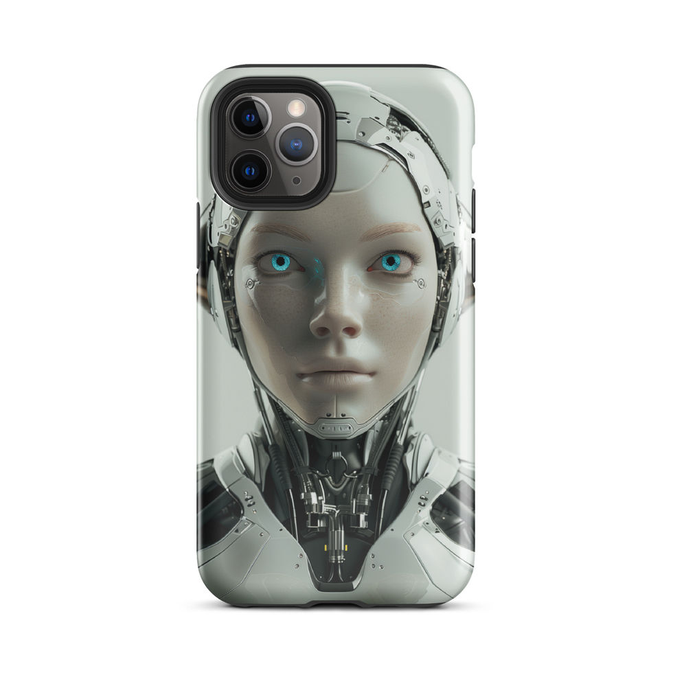 Pale-metal female android with graphite neck mechanics; front product view on an iPhone® Tough Case.