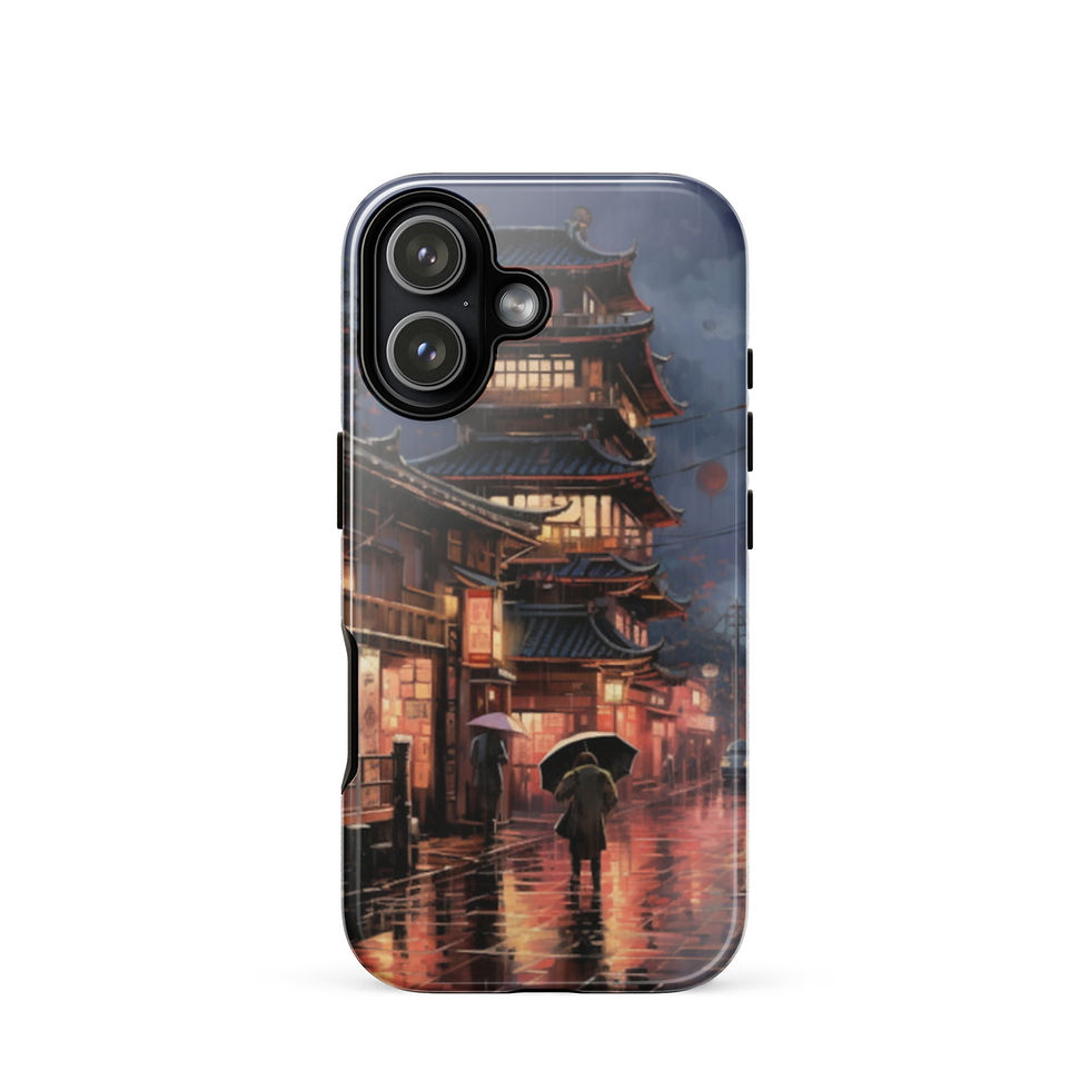 Rainy Kyoto Nights iPhone tough case, rear view with a glowing pagoda above a rain-soaked lane.