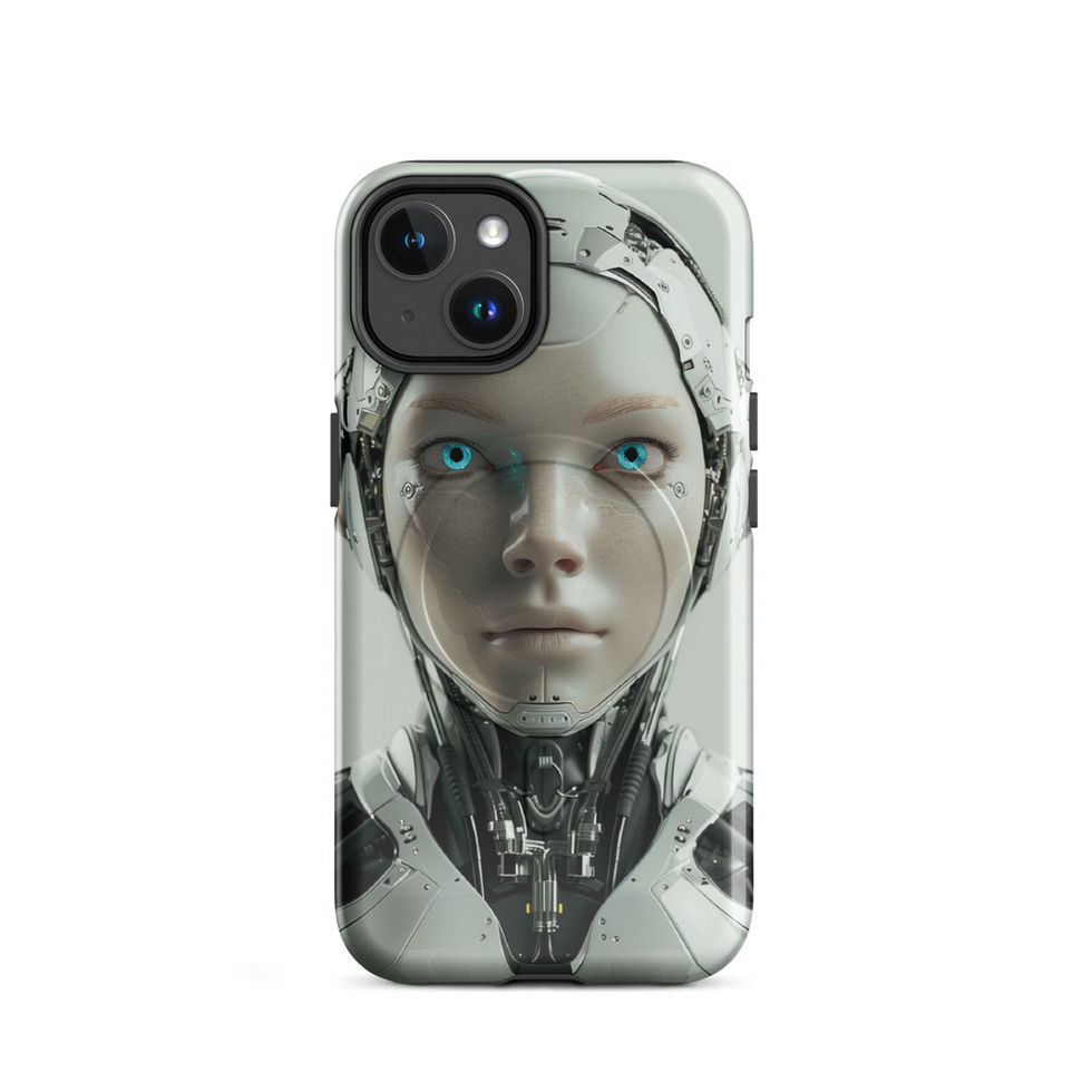 Centred robot portrait with delicate facial seams; front product view on an iPhone® MagSafe Tough Case.