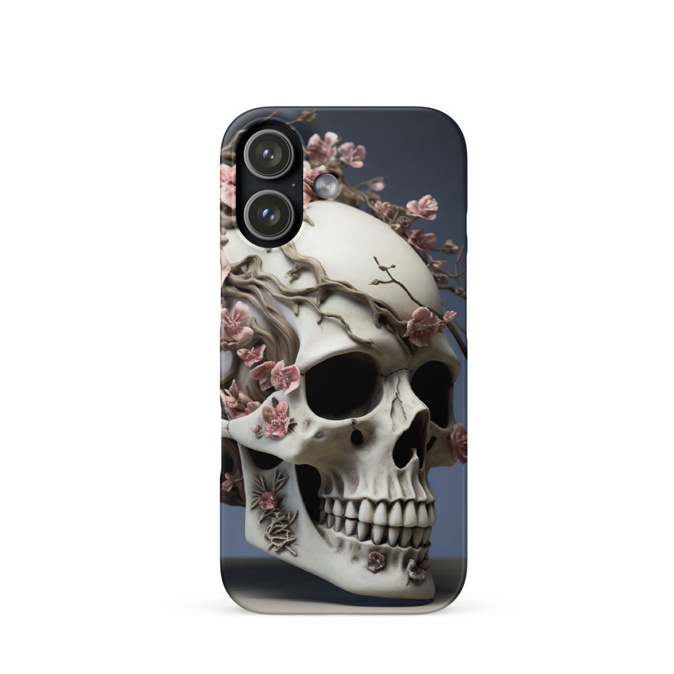 Ethereal Bloom snap case on a white backdrop with an ivory skull and dusty-pink blossoms