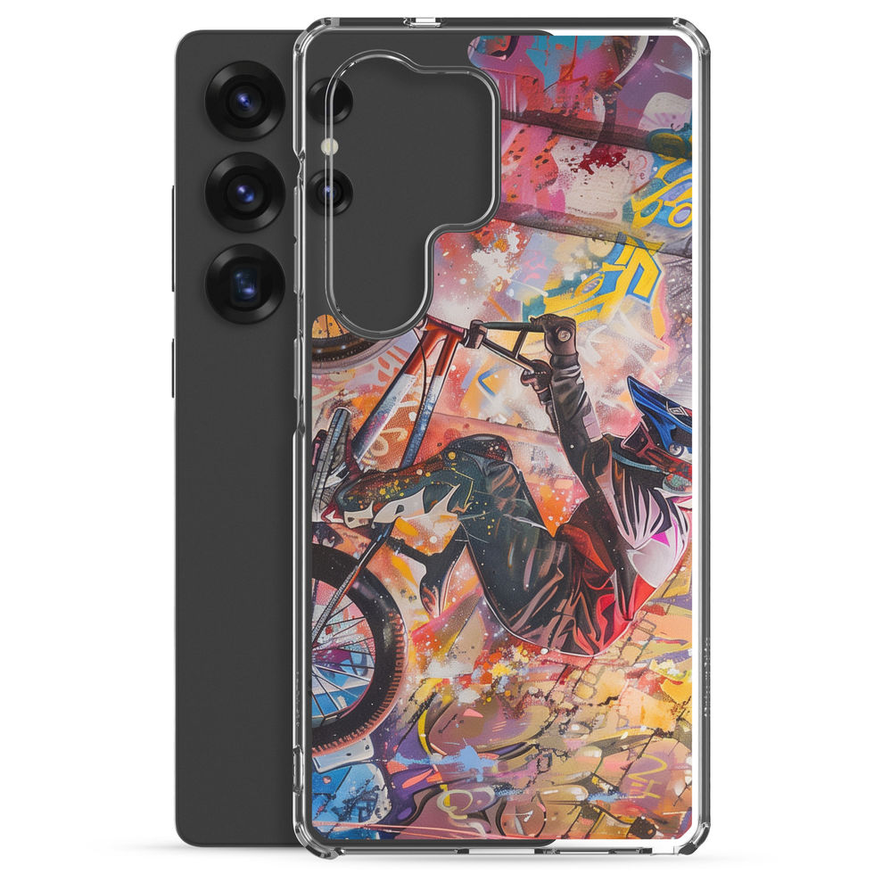 Graffiti Grind Clear case for Galaxy S25 Ultra, BMX rider amid pink and yellow graffiti, phone beside case on white