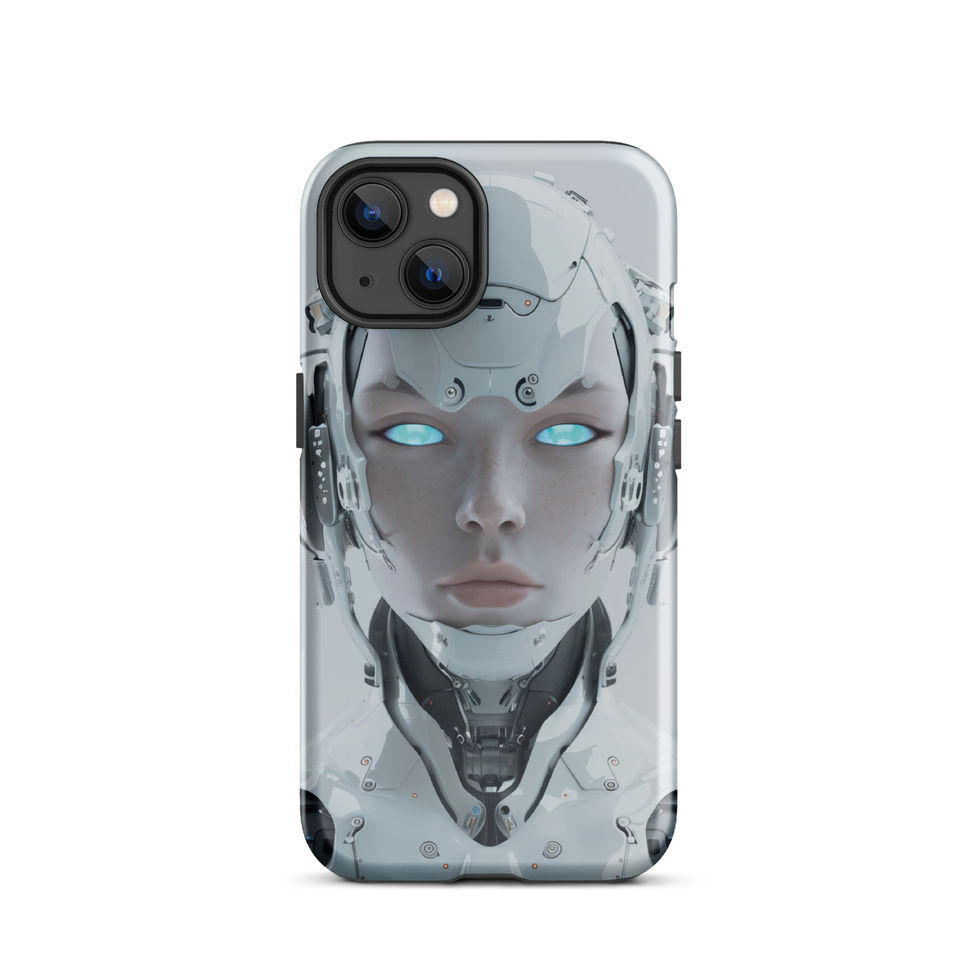 Female android portrait with exposed mechanisms; front product view on an iPhone® Tough Case.