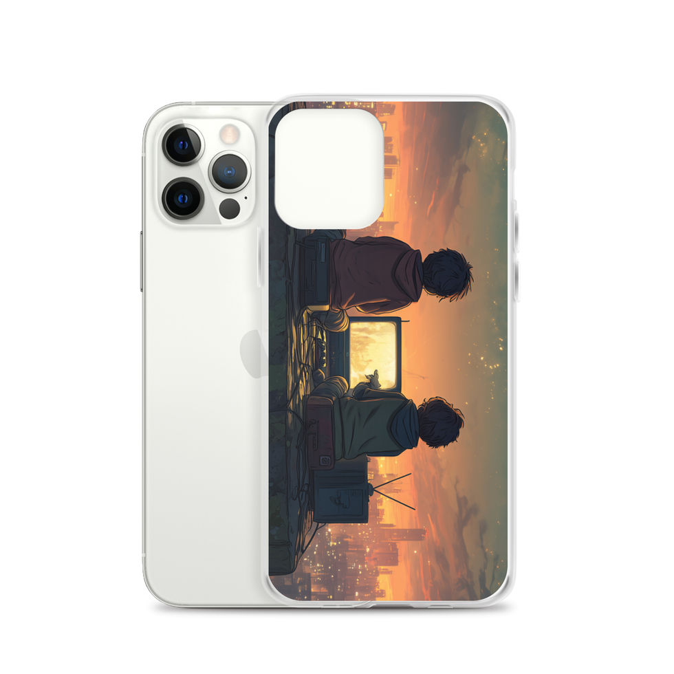 Rooftop Retro Nights neon rooftop gaming artwork on iPhone 14 Plus clear phone case, angled view, gallery image 12