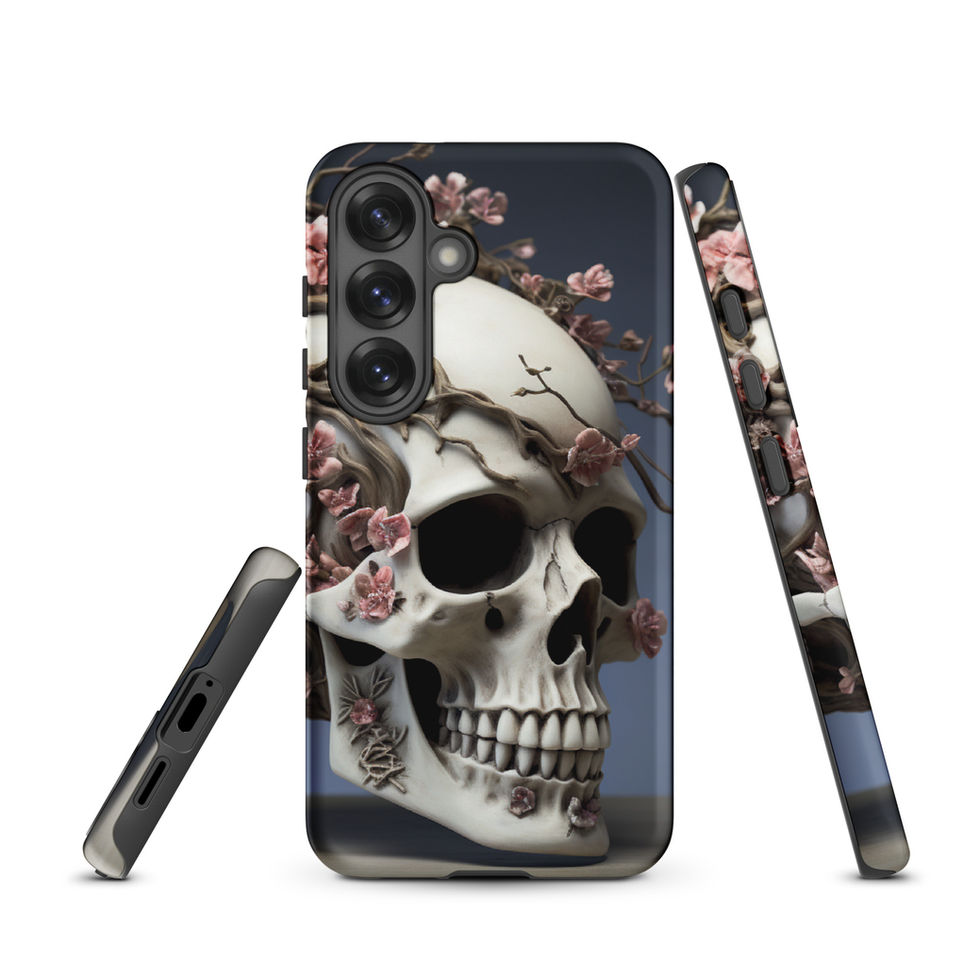 Ethereal Bloom case with a skull beside the camera area against charcoal with soft rose-coloured blossoms