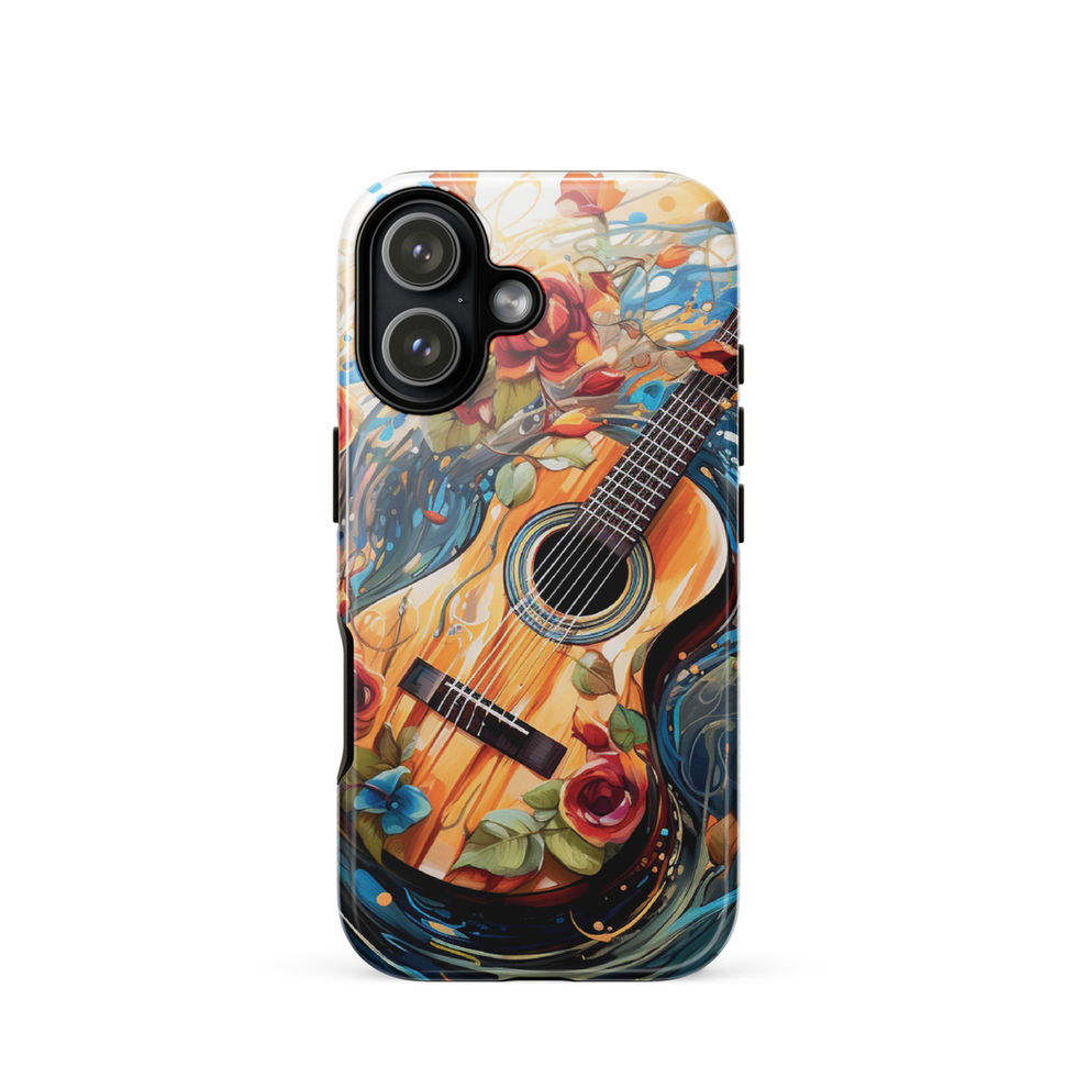 Melodic Waves protective iPhone Tough Case in an overhead flat lay, showing the blue music-and-ocean artwork, image 24.
