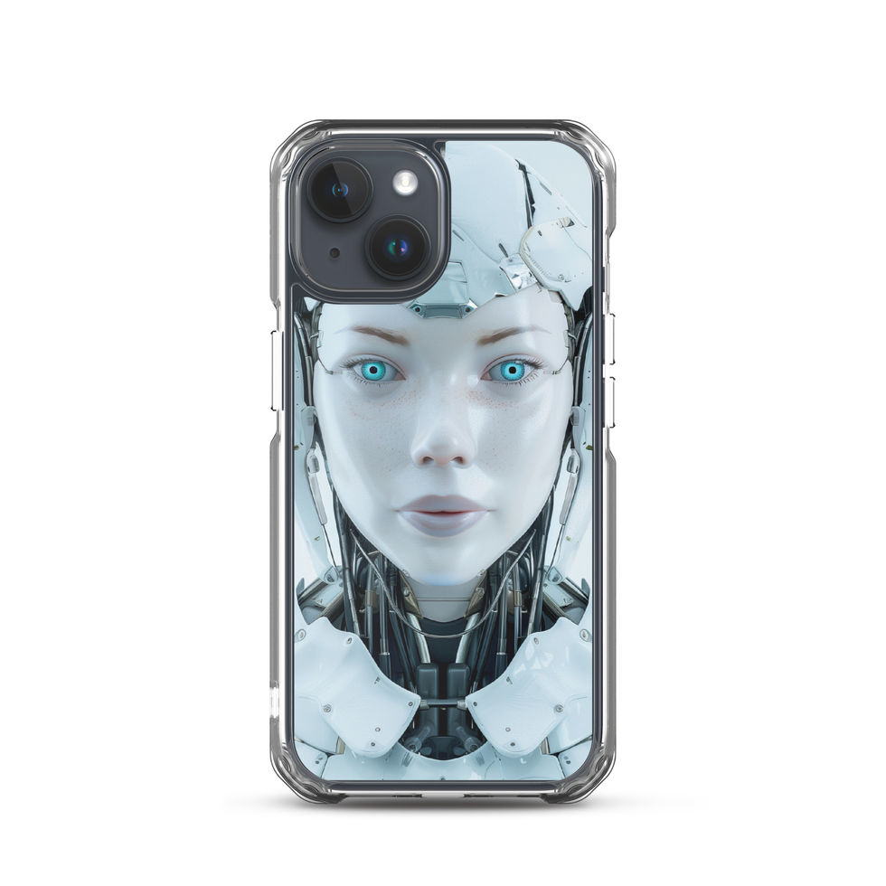 Elegant female cyborg with exposed neck mechanics on a transparent case – angled case mockup