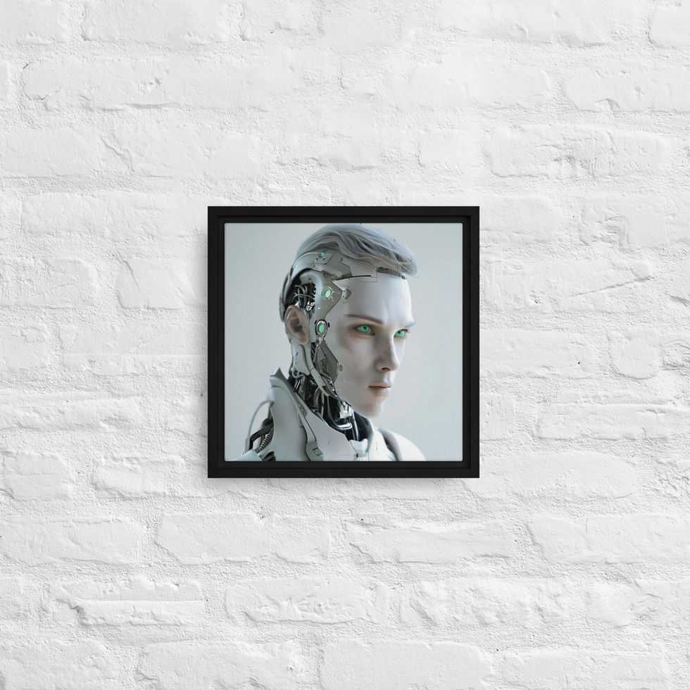 Neo-Futuristic Sentinel framed canvas: silver temple plates surrounding two glowing green circular lights