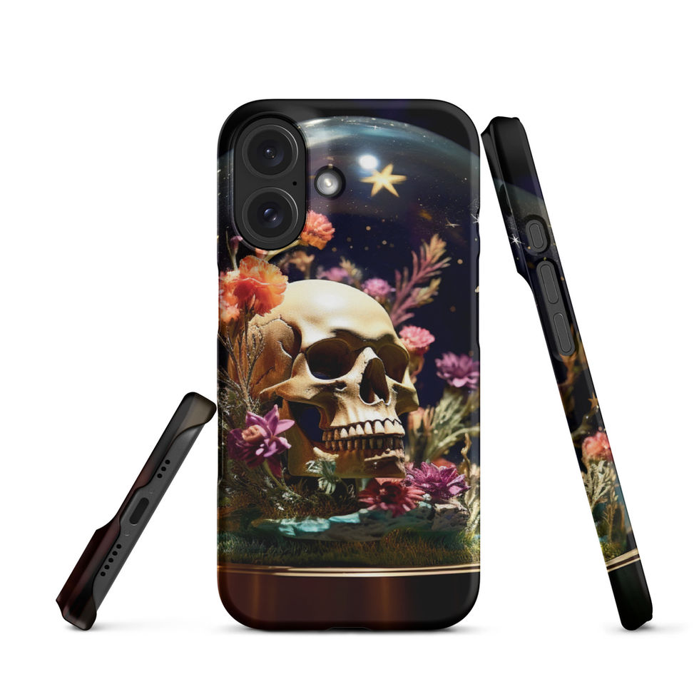 Celestial Remains Snap iPhone case showing starry floral skull design in rich dark colours