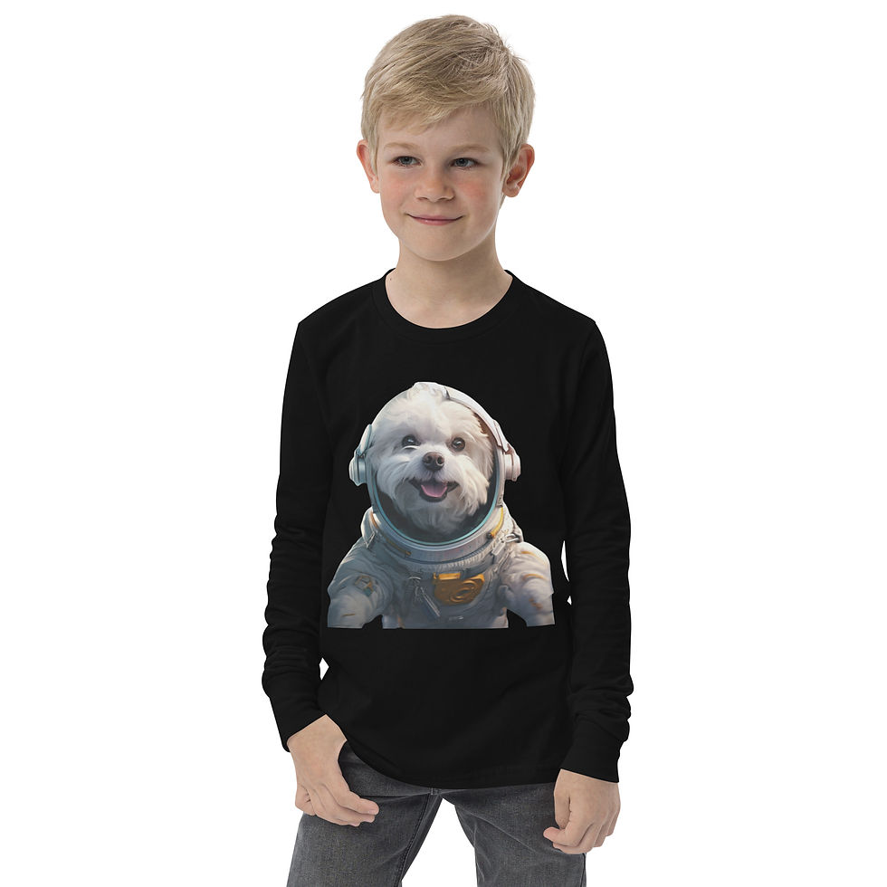 Space Pup: black youth long-sleeve T-shirt with a white puppy in an astronaut suit, worn by child