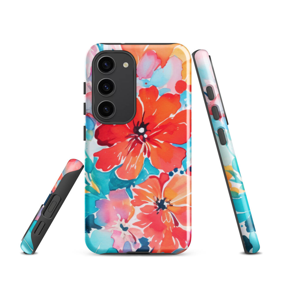 Sunset Petal Storm tough case for Samsung Galaxy S23 Plus, angled view with vivid coral, crimson and gold flowers