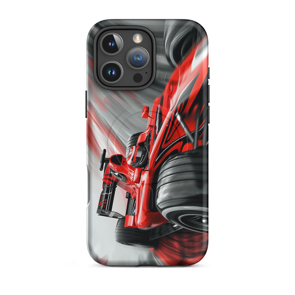 Victory Rush MagSafe Tough case for iPhone 16 Pro Max, red race car and grey streaks, rear view on white