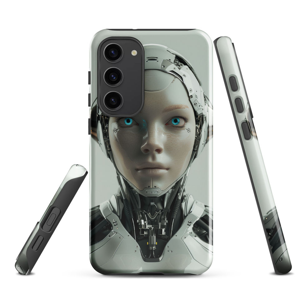 Pale-metal female android with graphite neck mechanics; close-up detail on a Samsung® Tough Case.