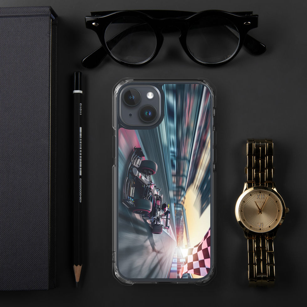Final Lap Clear case for iPhone 15 Plus, dark race car and blurred track, black desk with glasses and watch