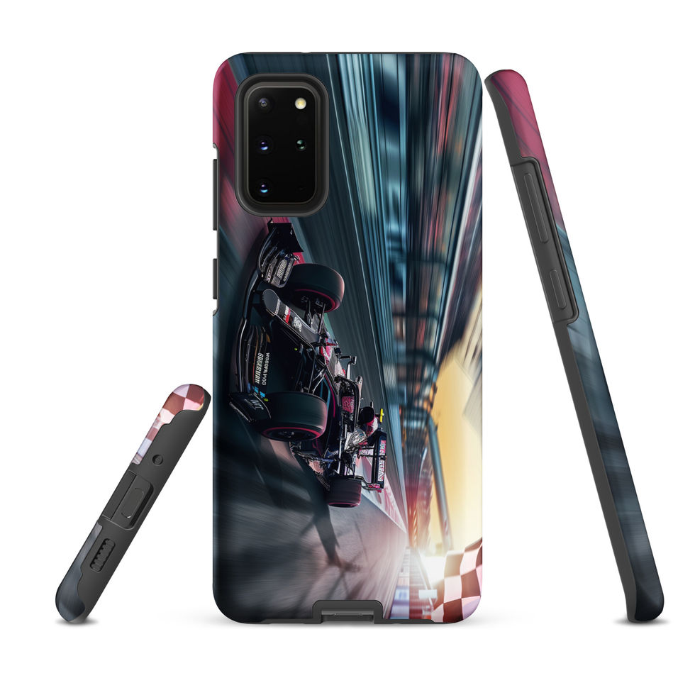 Final Lap Tough case for Galaxy S20 Plus, dark race car and blurred track artwork, rear and side views on white
