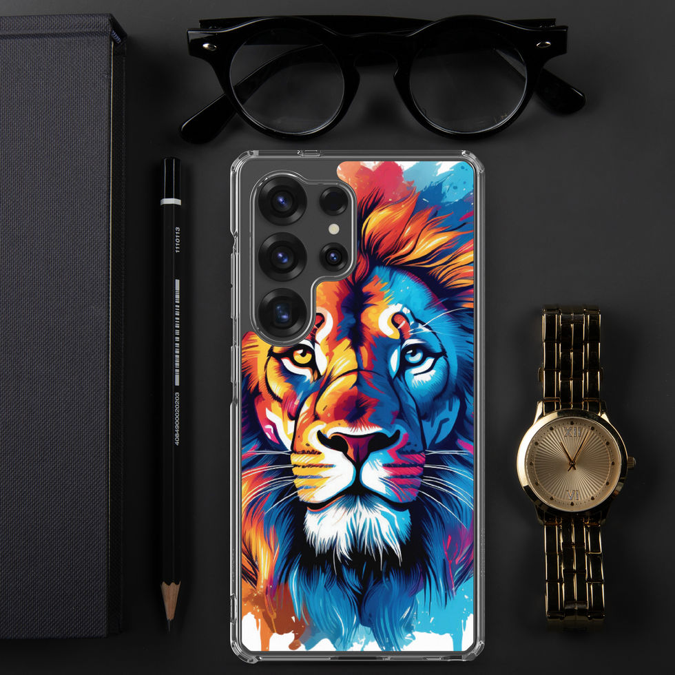 Fluro Majesty luminous lion art on a clear Samsung case โ front artwork view in handheld preview