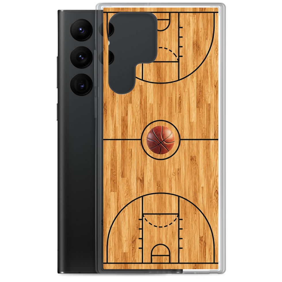 Grain & Game Clear case for Galaxy S22 Ultra, wood court and centre basketball artwork, phone and case on white