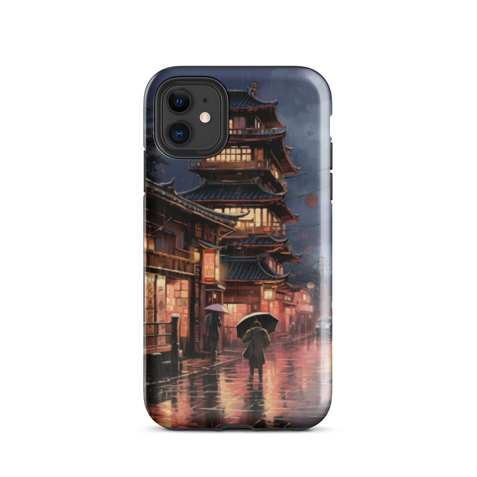 Rainy Kyoto Nights iPhone tough case, back artwork showing an umbrella beneath warm lanterns.