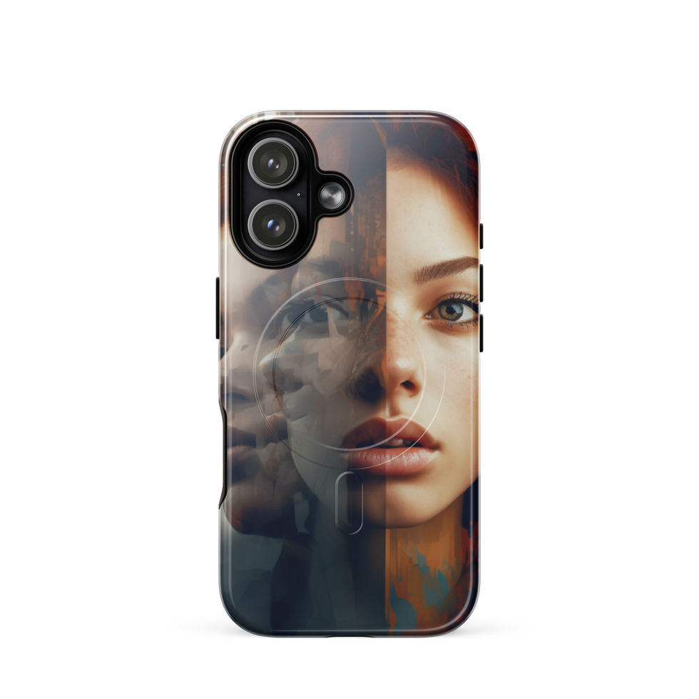 Fragmented Reality MagSafe iPhone tough case with glowing fractured portrait art, front view, image 1
