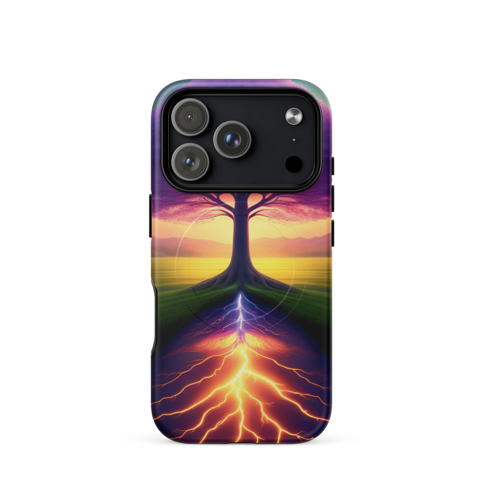 Ethereal Roots MagSafe iPhone case with dark tree silhouette over warm sky.