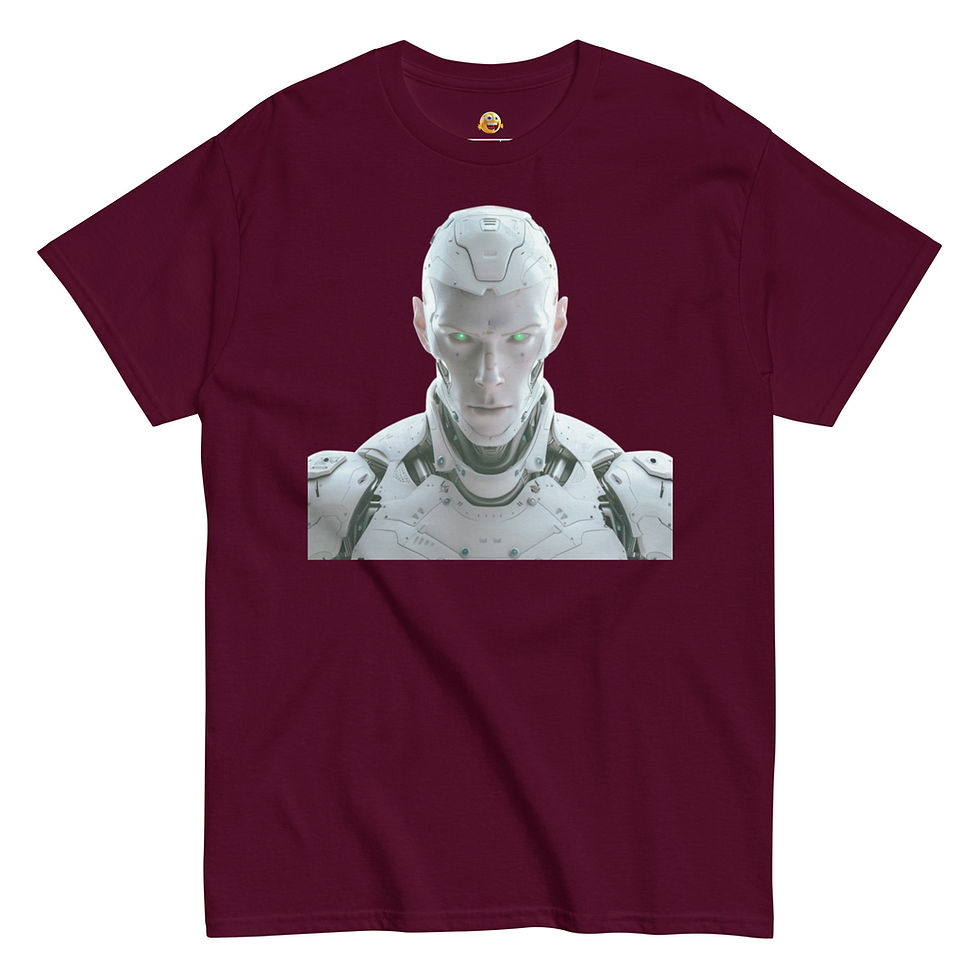Neon Sentinel Armoured Robot: burgundy unisex classic T-shirt with white robot with angular shoulder armour