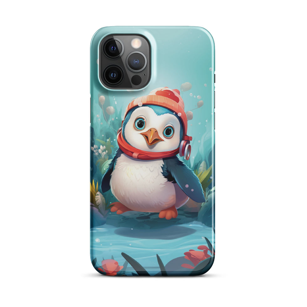 Aquatic penguin-mockup-08 showing Aqua Explorer artwork on an iPhone snap phone case
