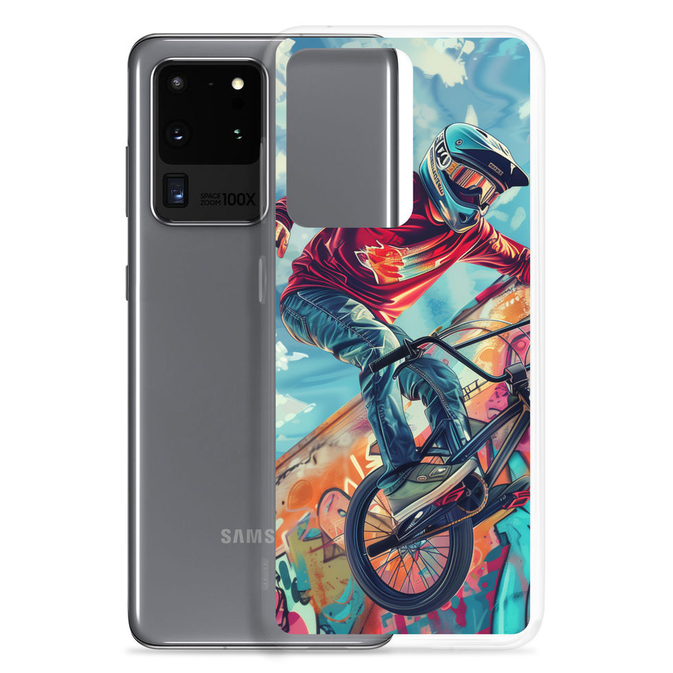Graffiti Ride Clear case for Galaxy S20 Ultra, red-top BMX rider and vivid graffiti, phone beside case on white