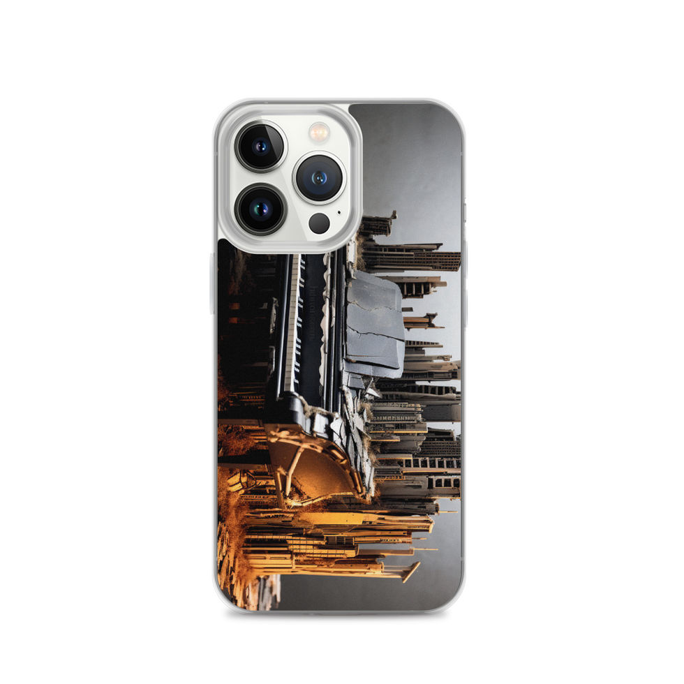 Urban Symphony clear iPhone case angled rear view in a upright display stand, showing the piano and city design, image 20.